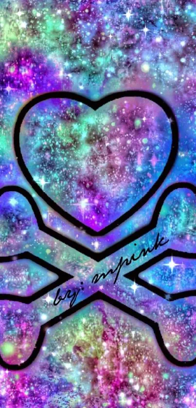 Colorful cosmic heart and crossbones wallpaper.