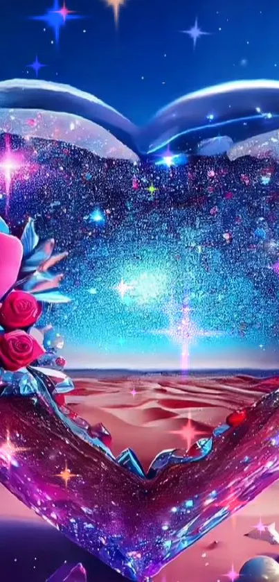 Cosmic heart with roses on a sunny beach.