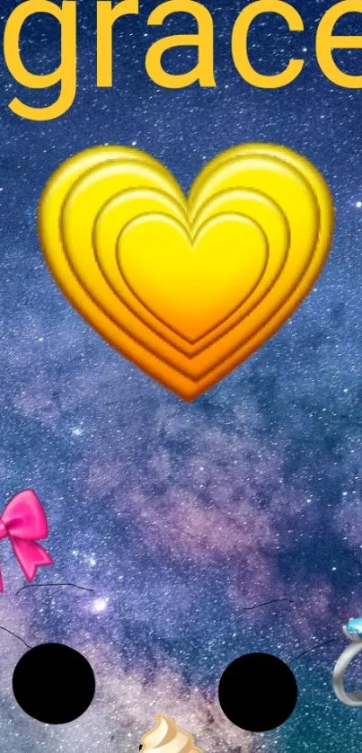 Wallpaper with yellow heart emoji on starry galaxy background.