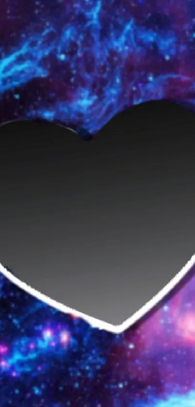 Heart-shaped cutout against a vibrant cosmic galaxy background.