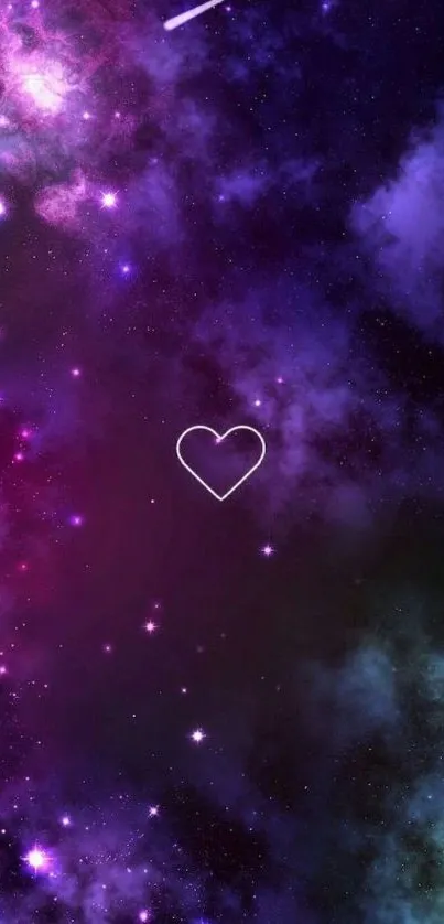 Purple galaxy with heart shape in cosmic space.