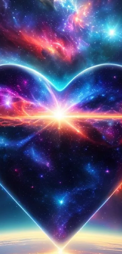 Vibrant cosmic heart amidst a galaxy backdrop.