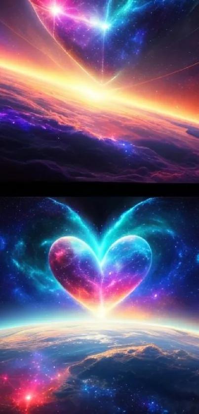 Cosmic heart galaxy with vibrant hues over Earth in stunning wallpaper.