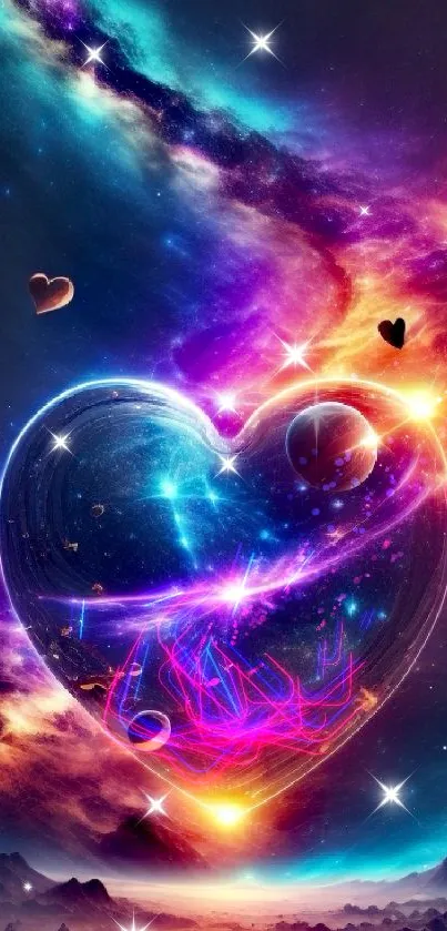 Mobile wallpaper of a cosmic heart in a vibrant galaxy scene.