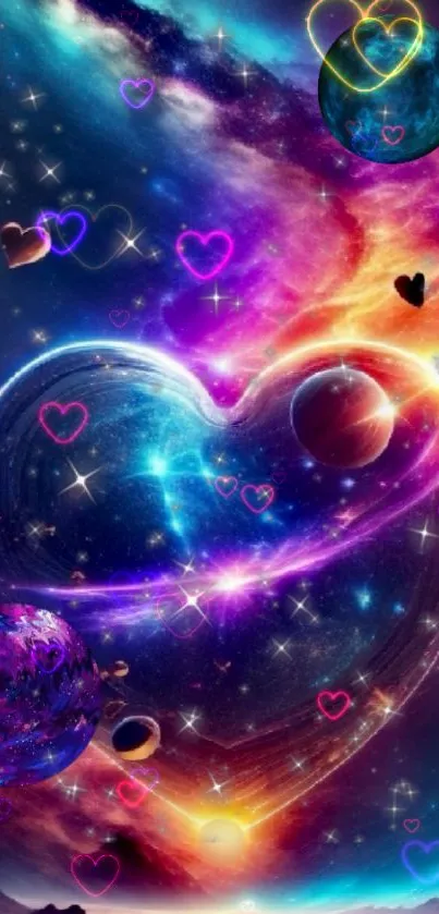 Vibrant cosmic heart galaxy wallpaper with colorful celestial elements.