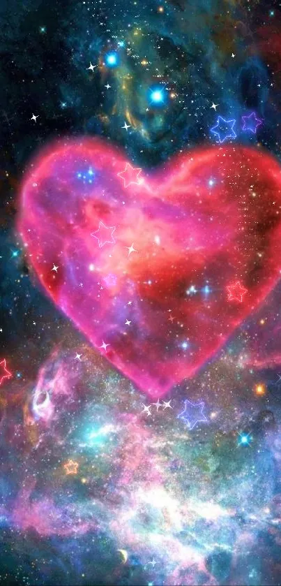 Vibrant cosmic heart in a galaxy wallpaper design.