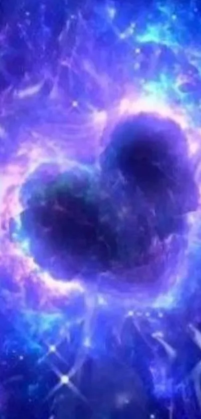 Mobile wallpaper of a cosmic heart-shaped nebula in shades of purple and blue.