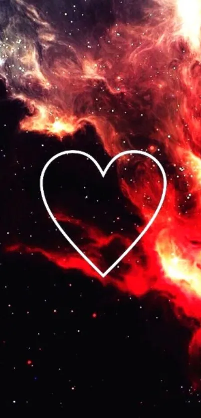 Heart shape on vibrant red cosmic nebula background.