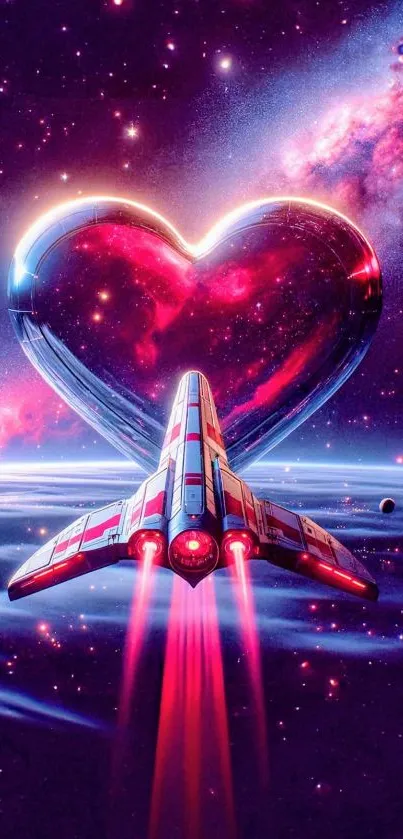 Sci-fi wallpaper featuring a heart-shaped nebula and a rocket in space.