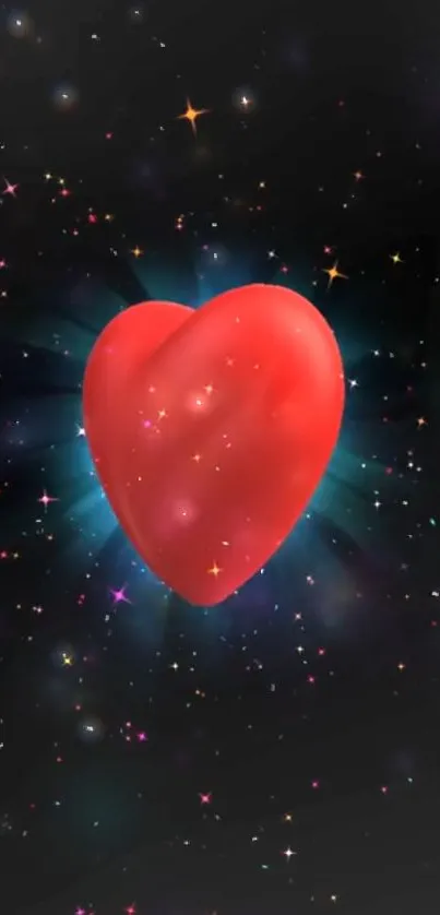 Red heart surrounded by stars against a cosmic background.