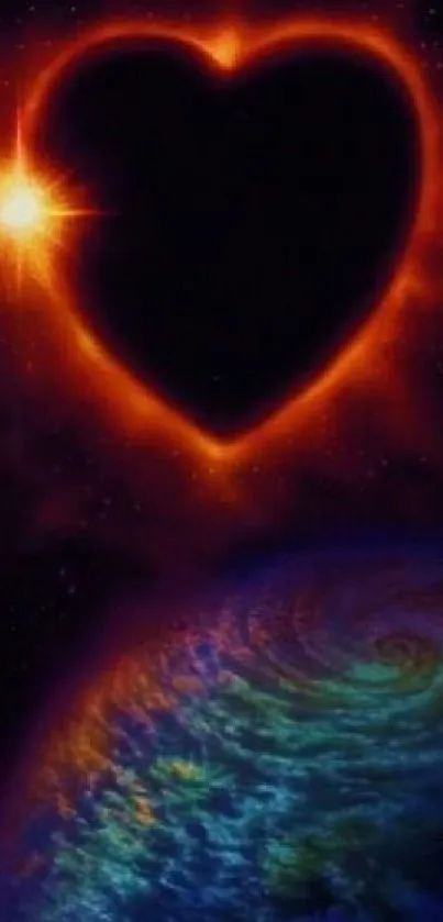 Cosmic heart with planet in space, vibrant and glowing.