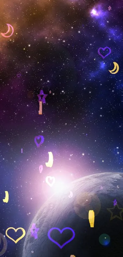 Galaxy-themed wallpaper with hearts and stars in a cosmic setting.