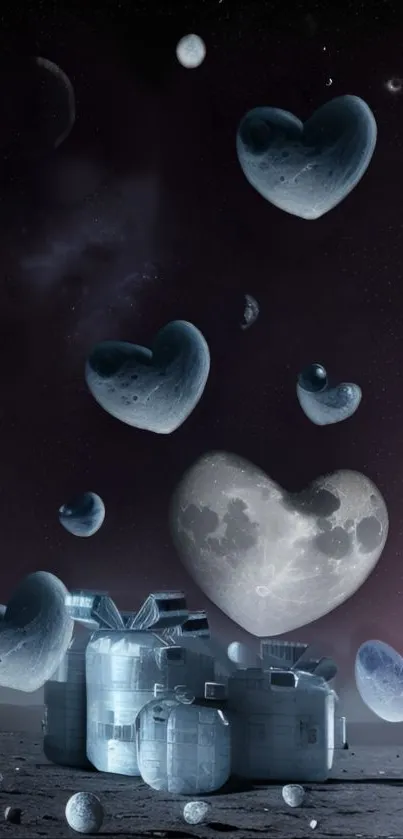 A cosmic scene with heart-shaped stones floating in a dark, starry space.