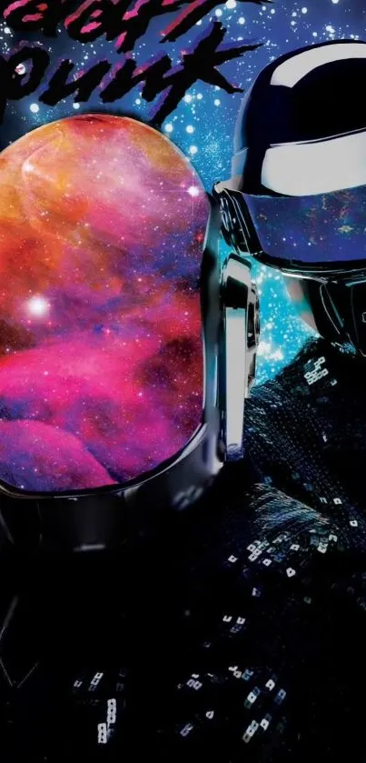 Cosmic music-themed wallpaper with vibrant galaxy helmet.