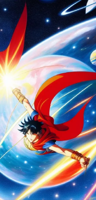 Vibrant anime hero flying through space with planets in the background.