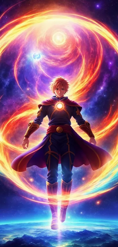 Anime hero in a colorful cosmic setting with vibrant energy rings.