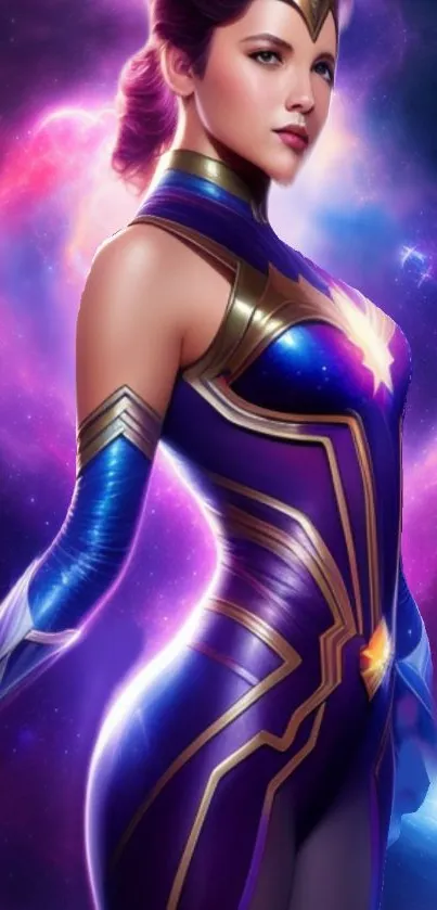 Cosmic heroine in vibrant purple space background.