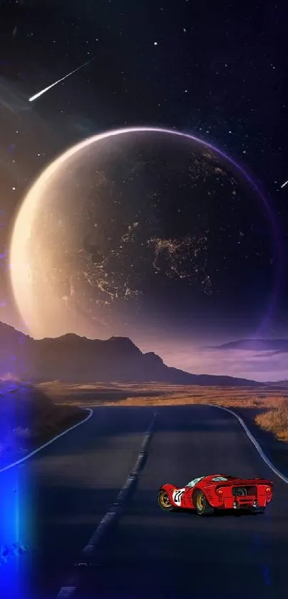 A car on a road under a planet-filled night sky with shooting stars.