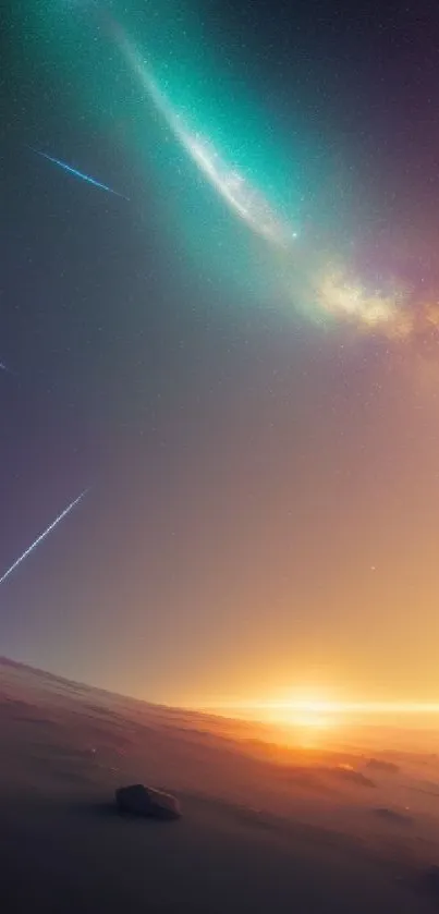 Stunning cosmic horizon mobile wallpaper with shooting stars and galaxy view.