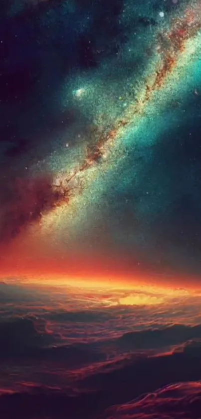 Stunning cosmic horizon mobile wallpaper with vibrant galaxies and dark skies.