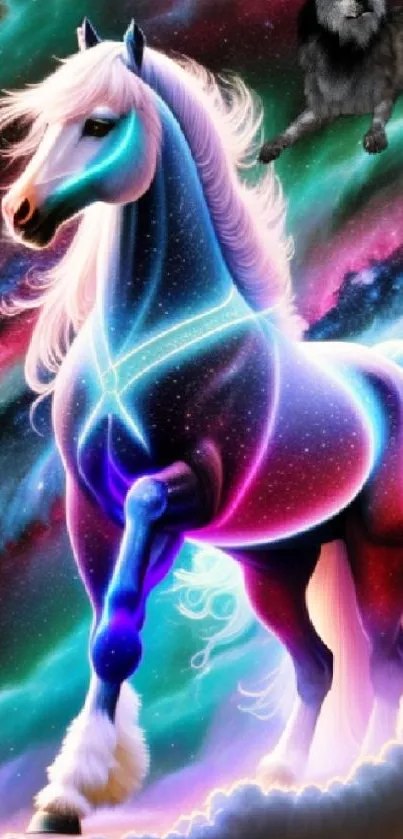 A cosmic horse with vibrant colors and a wolf in a nebula background.