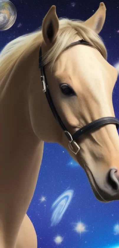 Majestic horse in a cosmic space-themed wallpaper with stars.