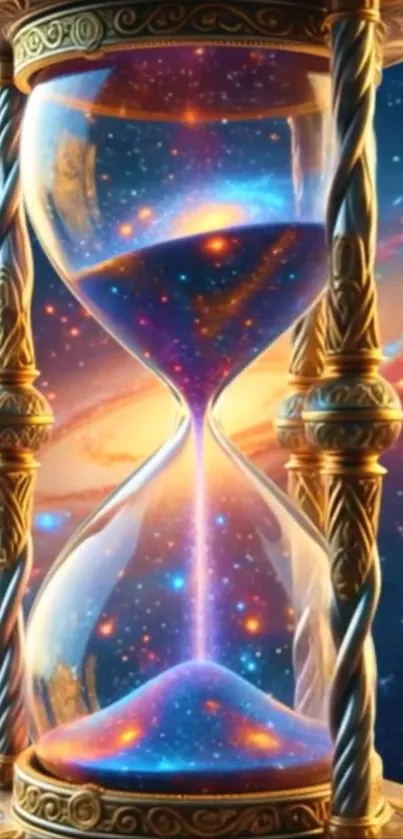 Galaxy-themed hourglass with cosmic backdrop