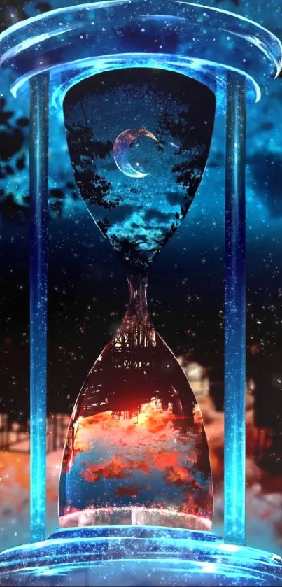 Cosmic hourglass with glowing blue hues set against a starry night sky.