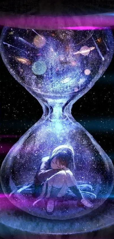 Girl sitting in a cosmic galaxy hourglass filled with stars.