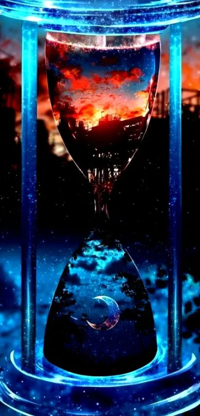 Cosmic hourglass with a glowing blue and red sky reflection.