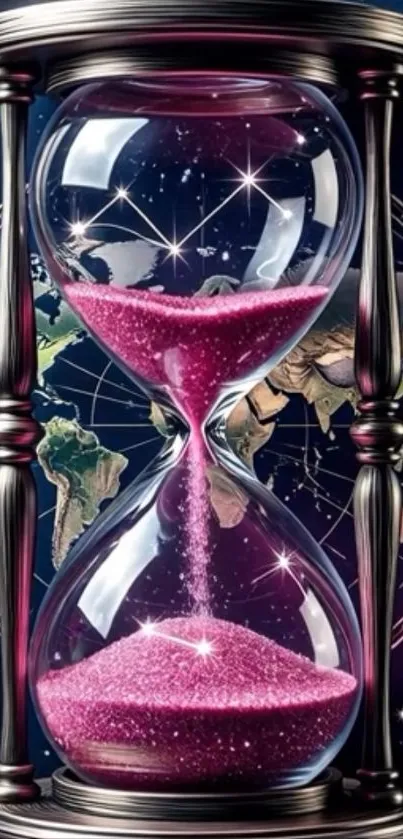 Pink hourglass with cosmic constellation background.