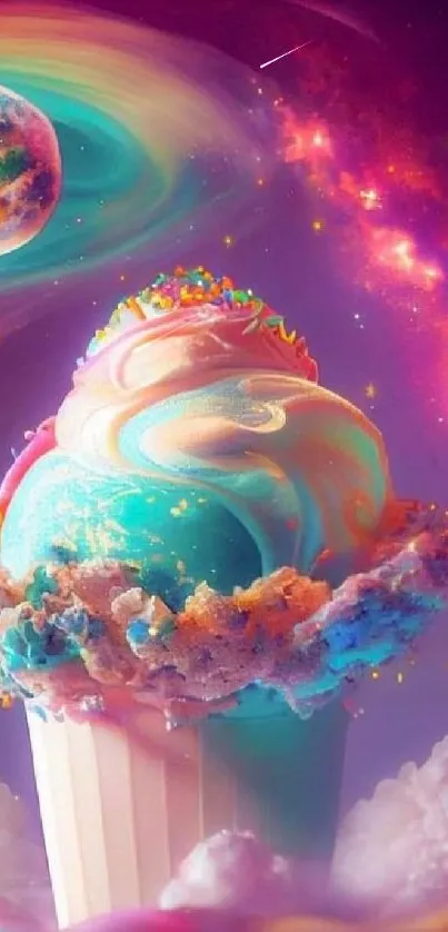 Surreal cosmic theme with ice cream and galaxy.