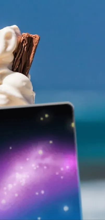 Galaxy-themed mobile wallpaper with an ice cream cone at the beach.