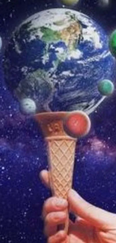 Hand holding an ice cream cone with Earth and planets in space.