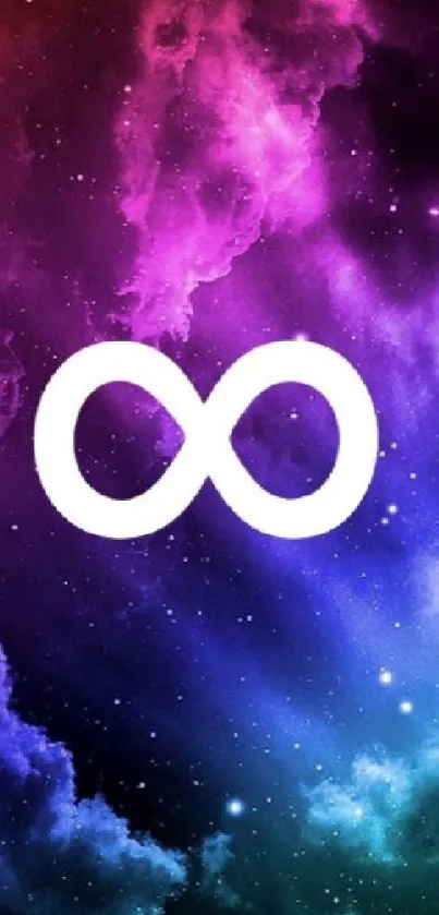 Vibrant cosmic wallpaper with infinity symbol and galaxy colors.