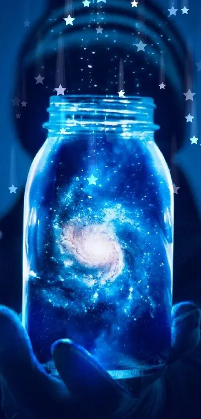 Hand holding a jar with a swirling galaxy inside.