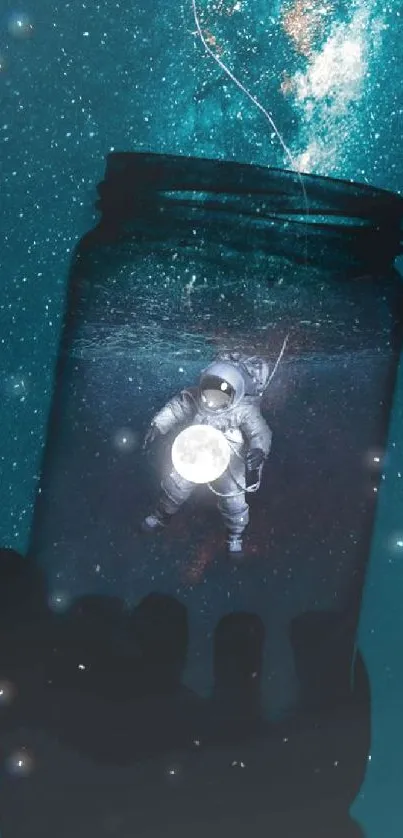 Astronaut holding a glowing jar in cosmic space.