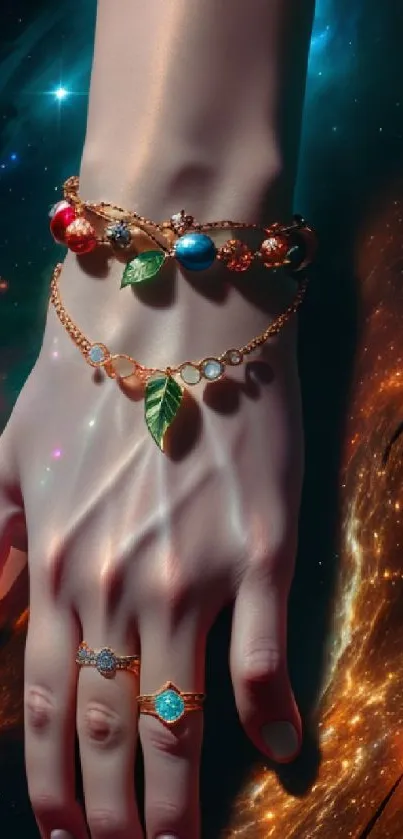 Hand with celestial jewelry against a galaxy backdrop.