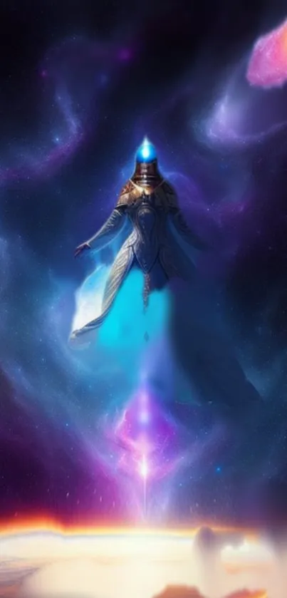 Fantasy art depicting a cosmic journey with a mystical figure in space.