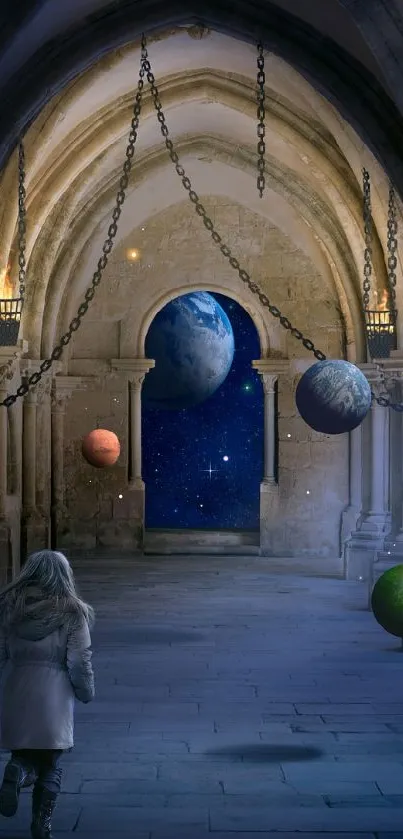 Woman in cloak walks in a gothic corridor with floating planets.