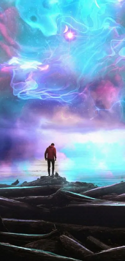 Lone figure against vibrant cosmic sky, digital art.