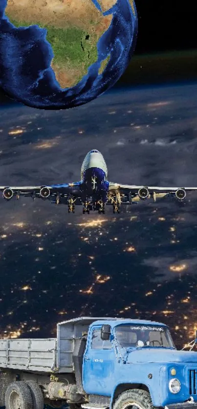 Wallpaper with Earth, airplane, and blue truck under cosmic night sky.