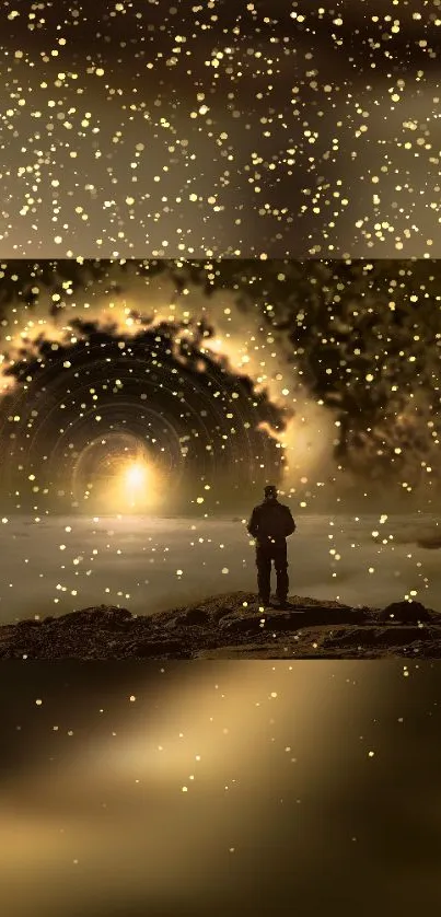 A lone figure gazes into a cosmic galaxy with golden stars.