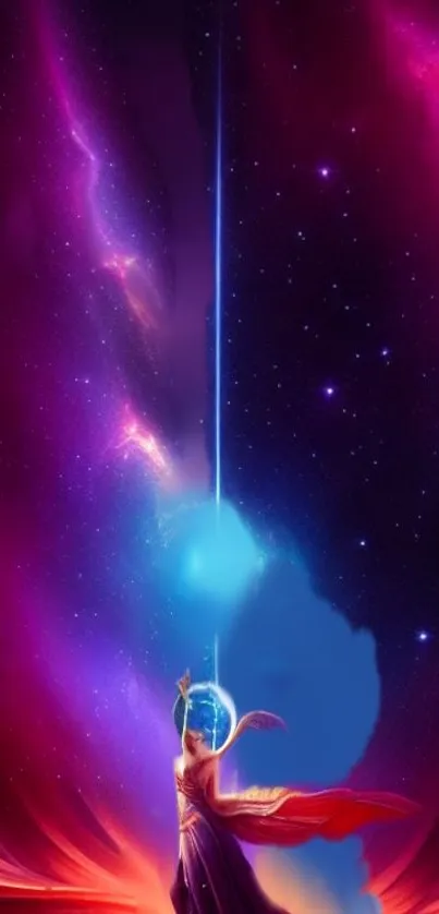 Vibrant cosmic journey mobile wallpaper with nebula and space theme.