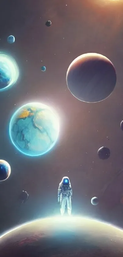 Astronaut stands on planet surface surrounded by colorful planets and cosmic glow.