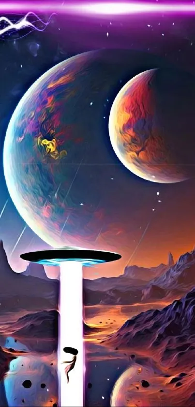 Futuristic cosmic scene with planets in a colorful galaxy.