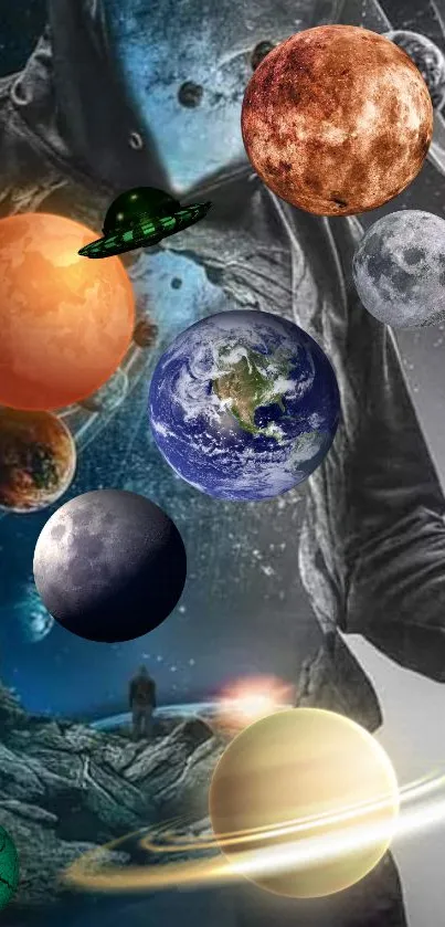 Cosmic wallpaper featuring planets, stars, and a traveler in space.