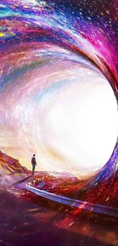 Vibrant cosmic vortex wallpaper with lone traveler on road.