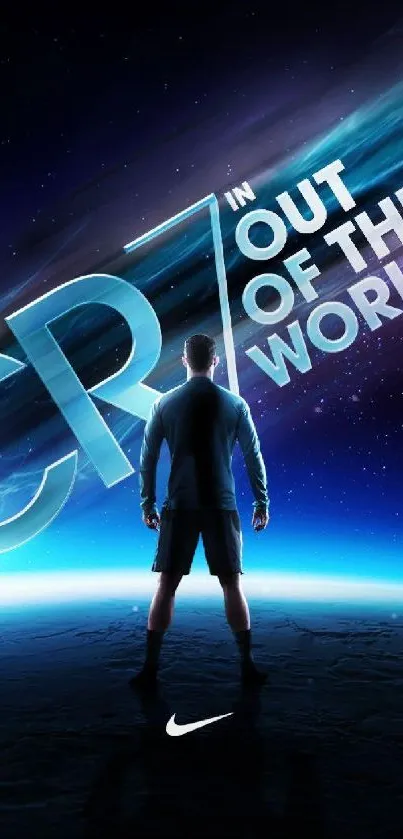 Silhouette on Earth with cosmic CR7 text above