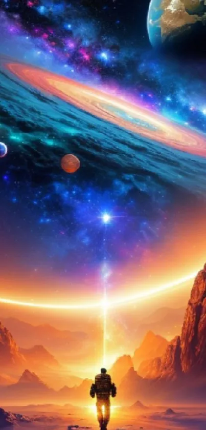 Colorful cosmic scene with astronaut and planets in a space landscape.